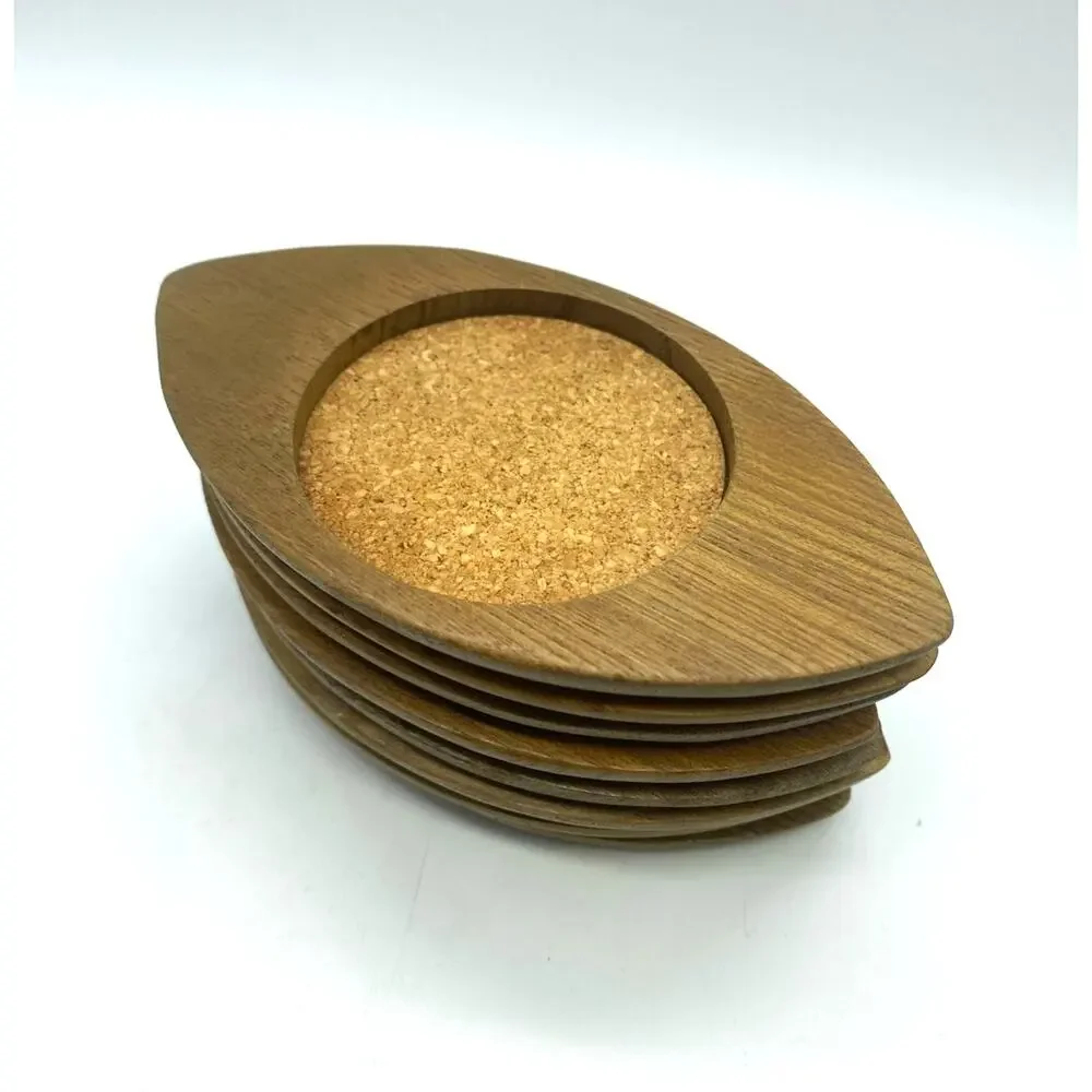 Sixties Hand carved Japan Hardwood & Cork Eye Coasters 8 Mid-Century Mod Sere‎